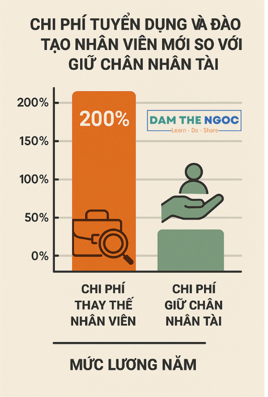 Biểu đồ thống kê chi phí tuyển dụng và đào tạo nhân viên mới so với giữ chân nhân tài Infographic cho thấy chi phí thay thế nhân viên có thể lên tới 200% mức lương năm