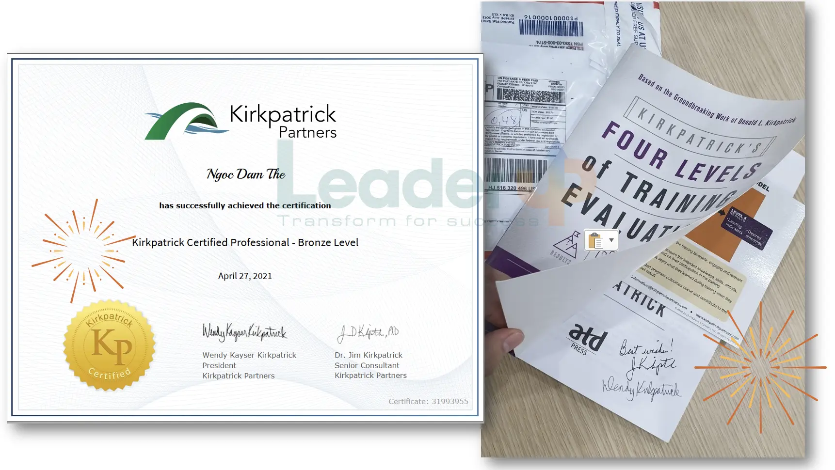 Chứng nhận và sách được thầy Jim và cô Wendy Kirkpatrick ký tặng và gửi từ Mỹ về cho Đàm Thế Ngọc