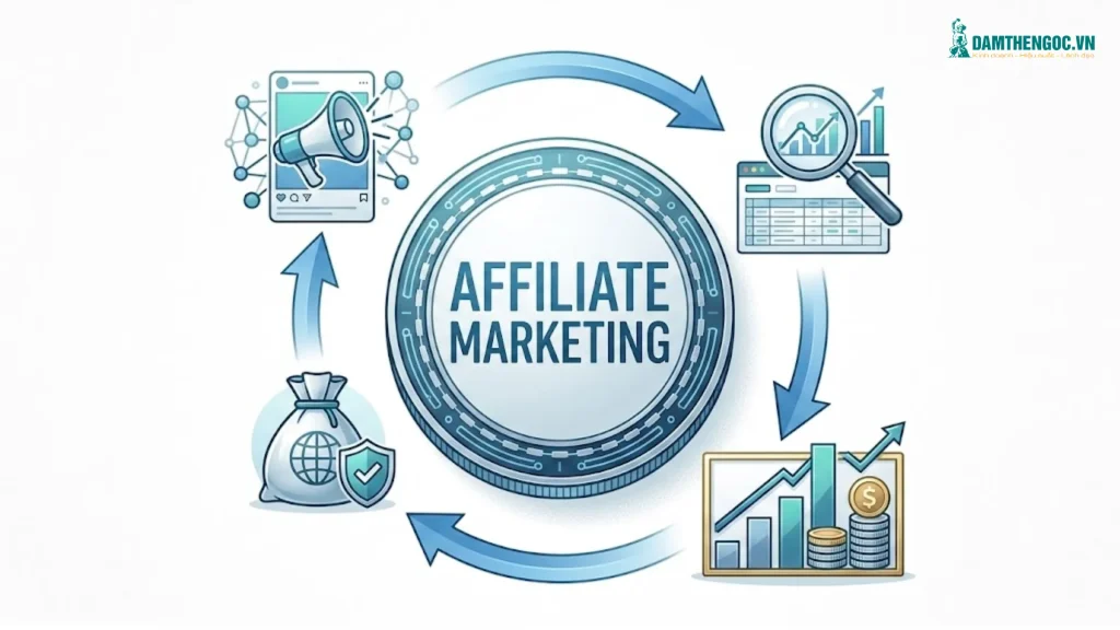 Mô hình Affiliate Marketing tổng quan thể hiện vòng tuần hoàn kết nối giữa nhà cung cấp, publisher và khách hàng.