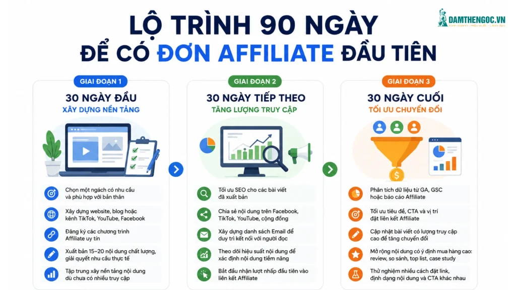 Lộ trình 90 ngày làm Affiliate Marketing cho người mới bắt đầu từ tạo nền tảng đến tối ưu chuyển đổi.