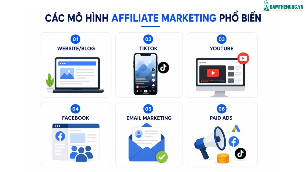 Các kênh và mô hình Affiliate Marketing phổ biến gồm Website, TikTok, YouTube, Facebook, Email và Paid Ads.