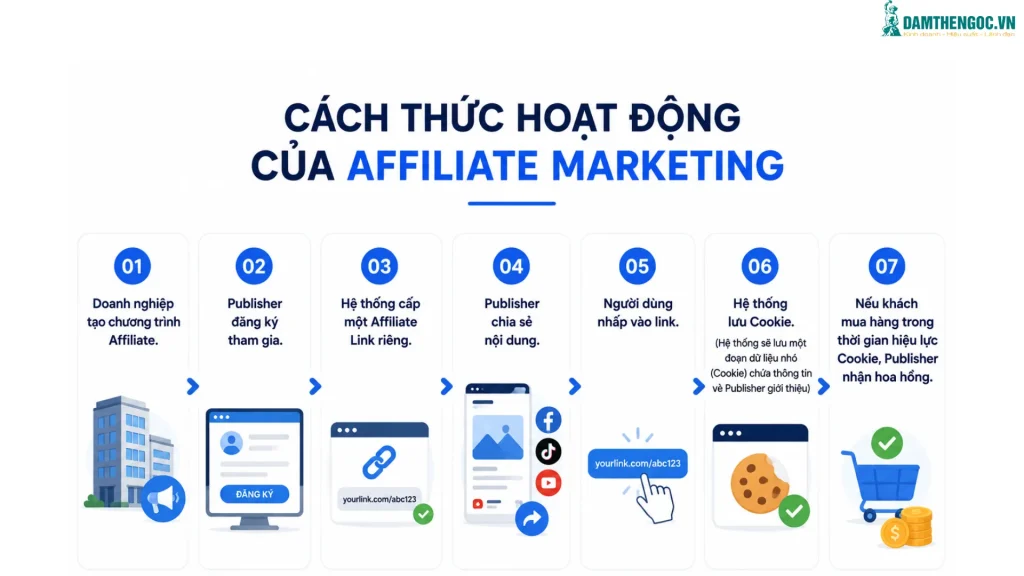 Sơ đồ 7 bước cách thức hoạt động của Affiliate Marketing chi tiết từ doanh nghiệp, publisher đến nhận hoa hồng.