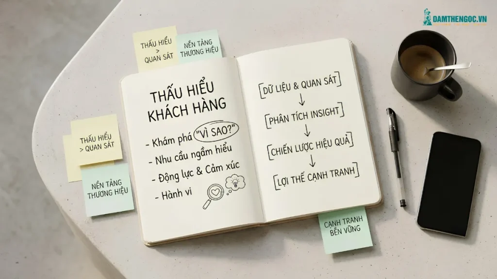 Hình ảnh minh họa Customer Insight trong marketing với quy trình từ thu thập dữ liệu, quan sát hành vi, phân tích insight đến xây dựng chiến lược hiệu quả. Customer Insight giúp doanh nghiệp hiểu rõ nhu cầu, động lực và cảm xúc của khách hàng, từ đó tối ưu trải nghiệm, phát triển sản phẩm phù hợp và nâng cao lợi thế cạnh tranh.