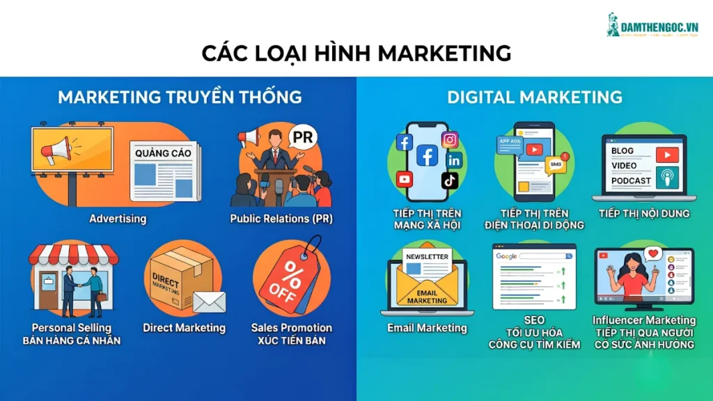 Hình ảnh tổng hợp các loại hình marketing như quảng cáo, PR, bán hàng cá nhân, content marketing, SEO, social media, email marketing và influencer marketing, giúp doanh nghiệp lựa chọn chiến lược marketing phù hợp.