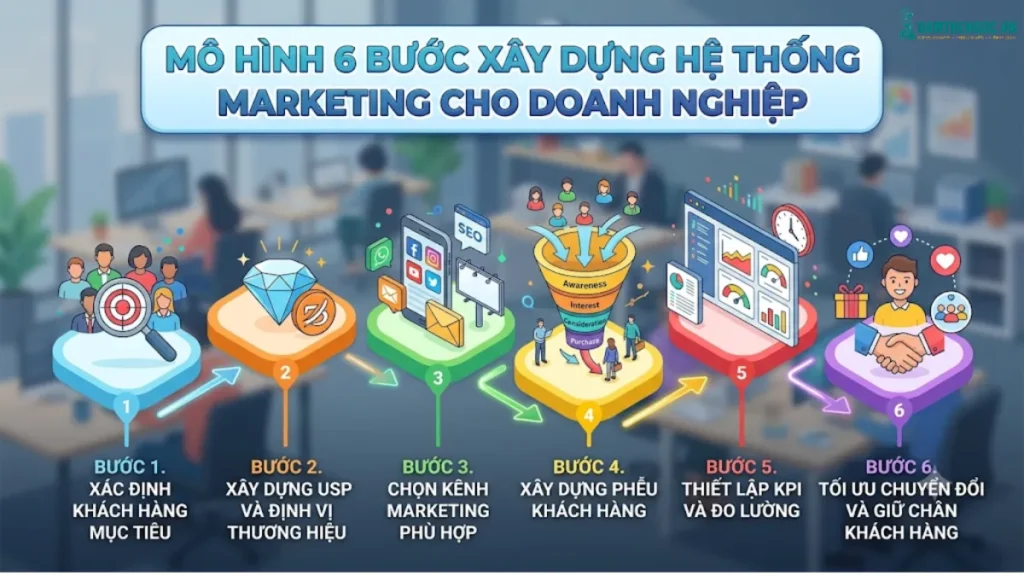 Hình ảnh mô tả quy trình xây dựng hệ thống marketing gồm xác định khách hàng mục tiêu, định vị thương hiệu, lựa chọn kênh marketing, xây dựng phễu khách hàng, đo lường KPI và tối ưu chuyển đổi để phát triển doanh nghiệp bền vững.