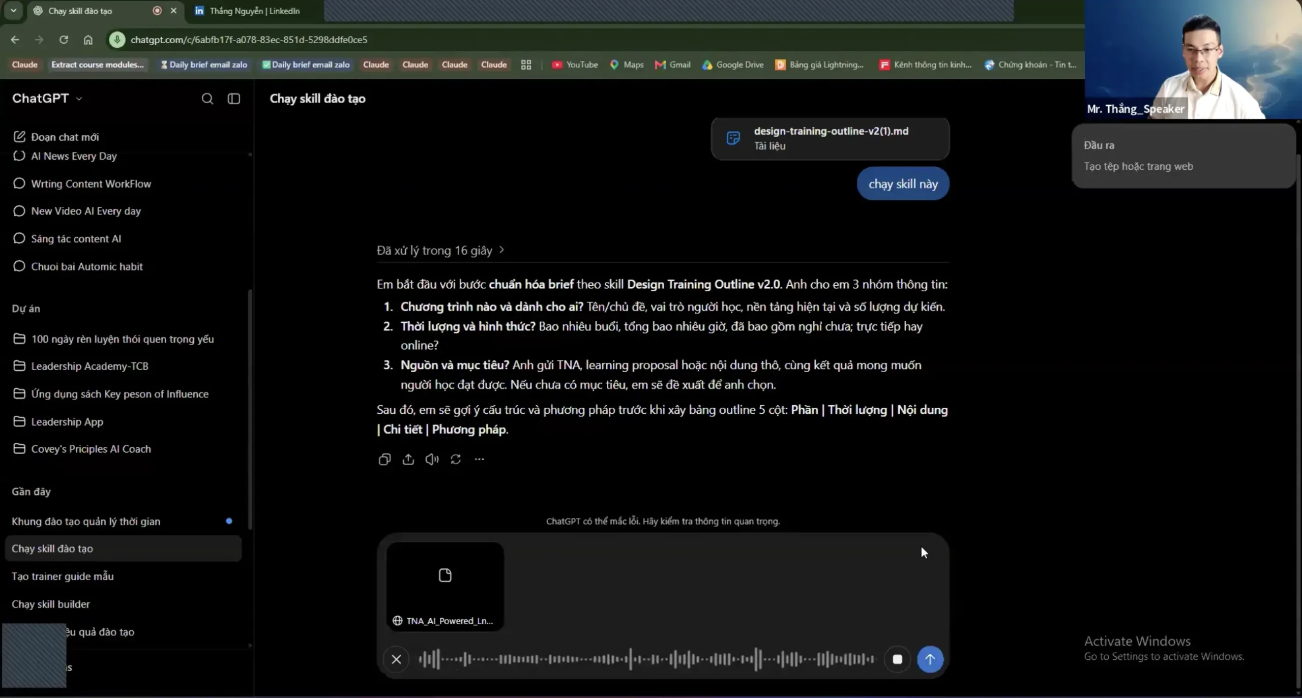 Đàm Thế Ngọc - AI cho người làm đào tạo - Thầy Thắng demo Skill thiết kế outline bài giảng